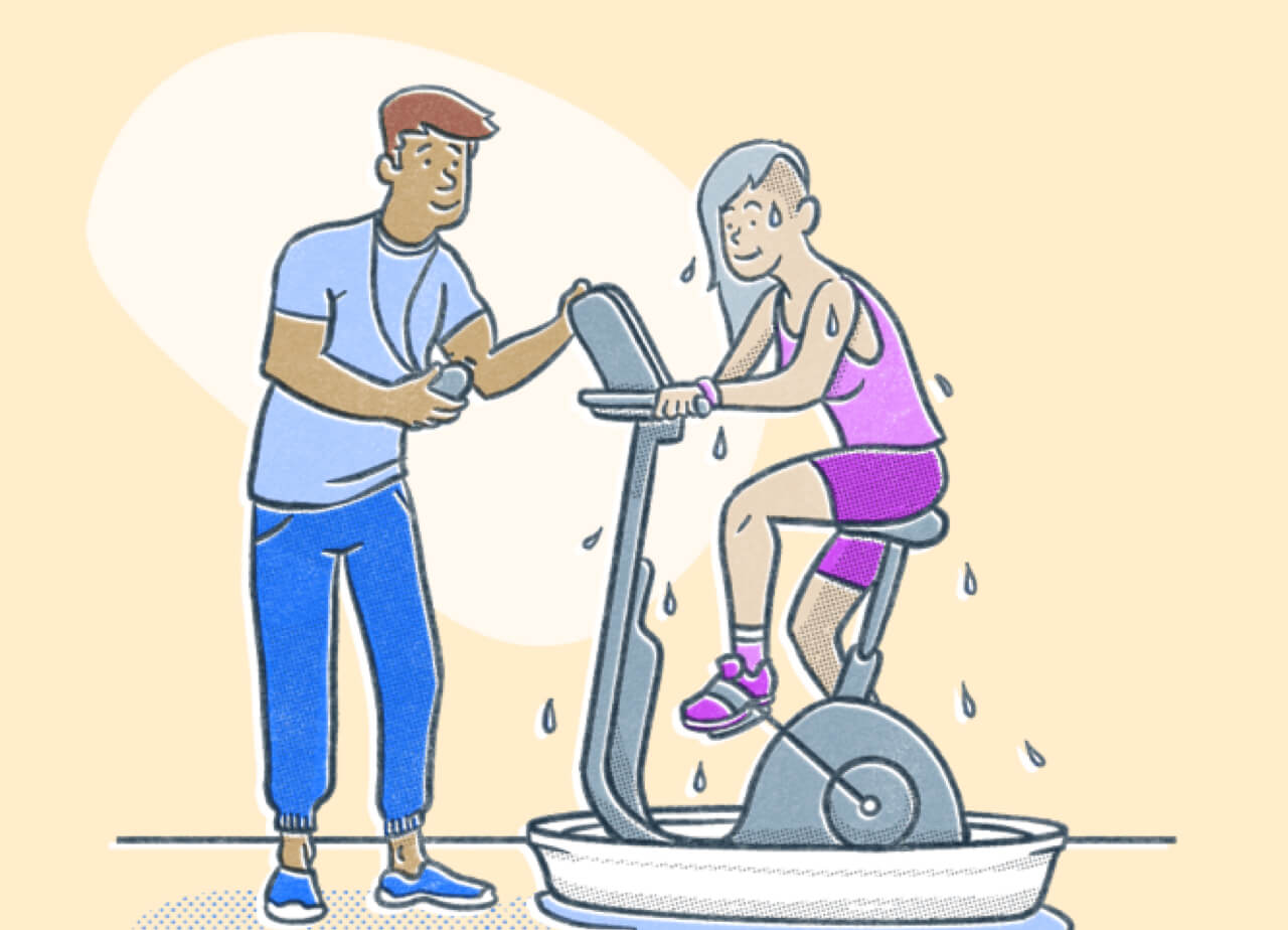 A young male trainer is timing a young female athlete sweating on a stationary bike sitting in a tub. Illustration.