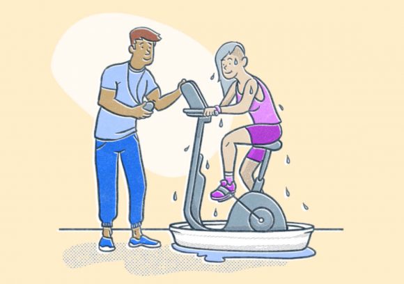 A young male trainer is timing a young female athlete sweating on a stationary bike sitting in a tub. Illustration.