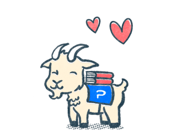 Pocket Prep goat, smiling with hearts. Illustration.