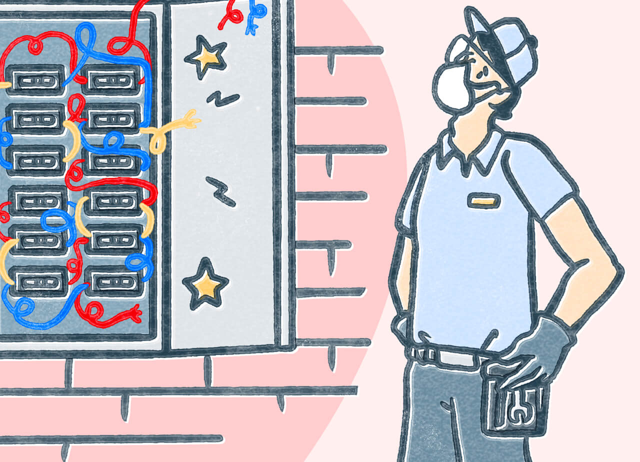 A white male electrician looks at a breaker box that's shooting out sparks. Illustration.