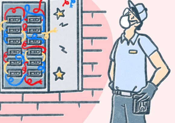 A white male electrician looks at a breaker box that's shooting out sparks. Illustration.