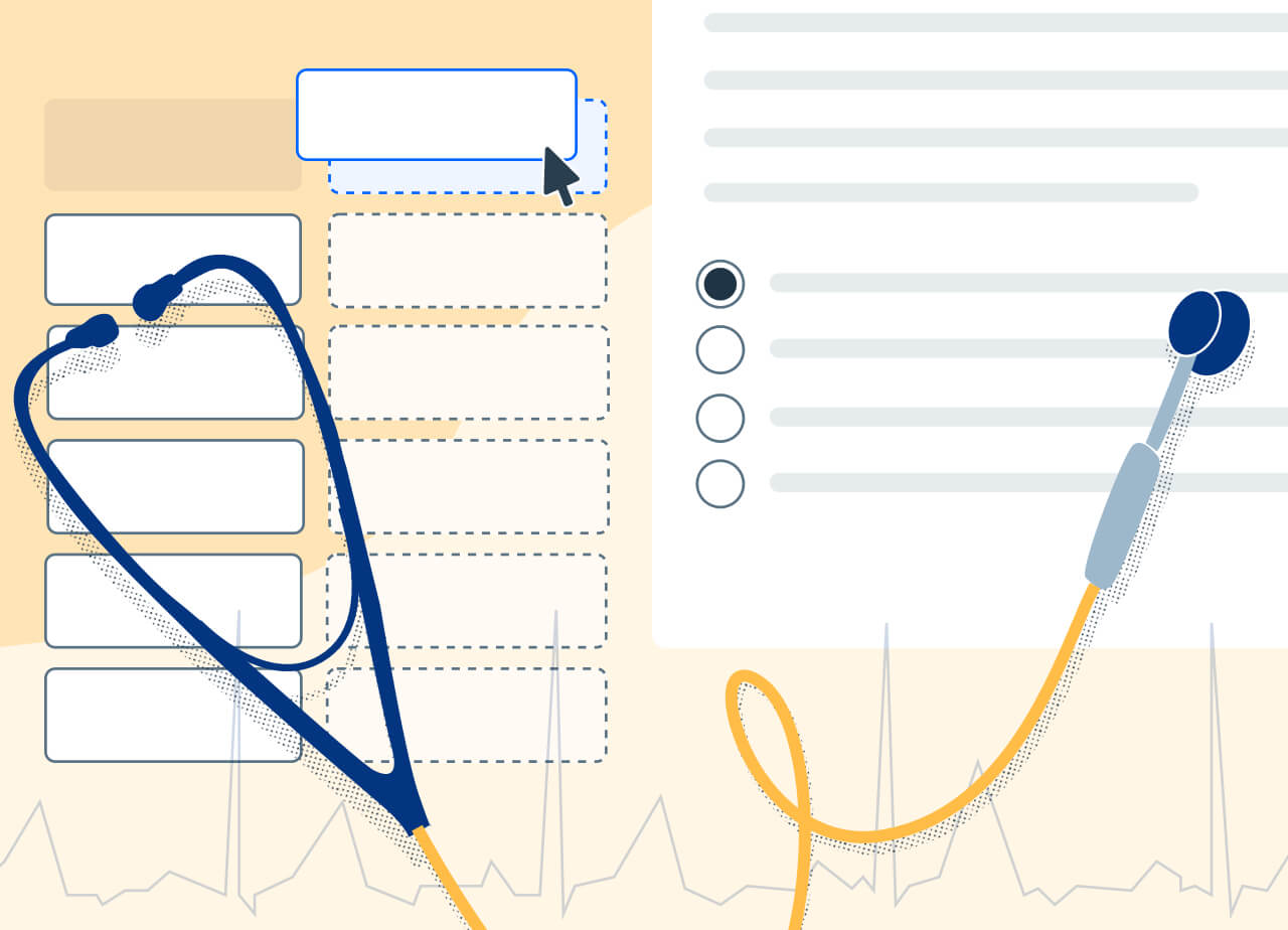 A stethoscope overlaid over two testing format representations. Illustration.