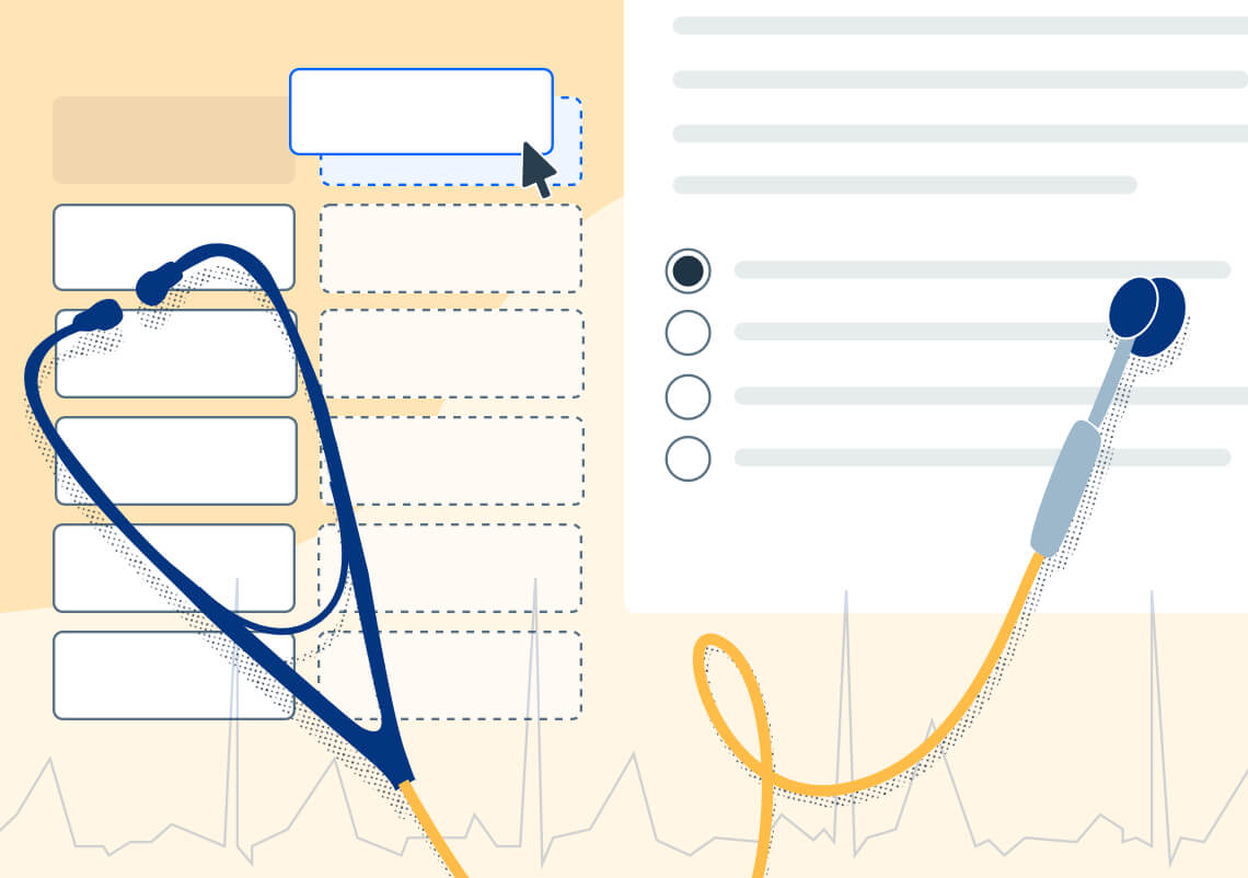 A stethoscope overlaid over two testing format representations. Illustration.