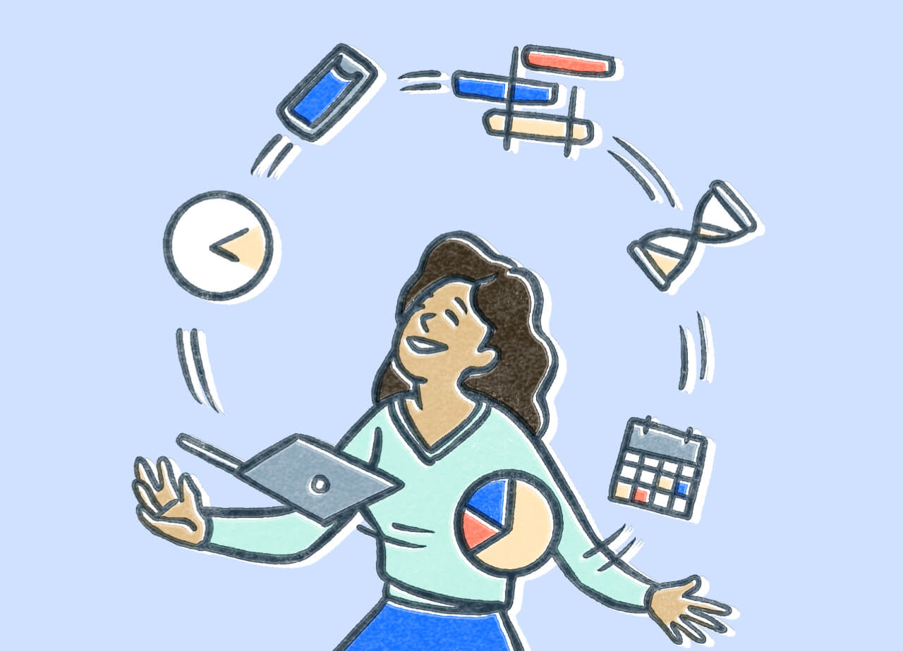 A woman with brown hair juggling a bunch of objects. Illustration.