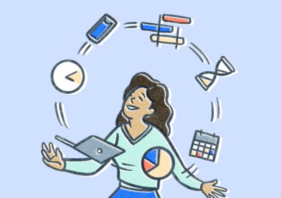 A woman with brown hair juggling a bunch of objects. Illustration.