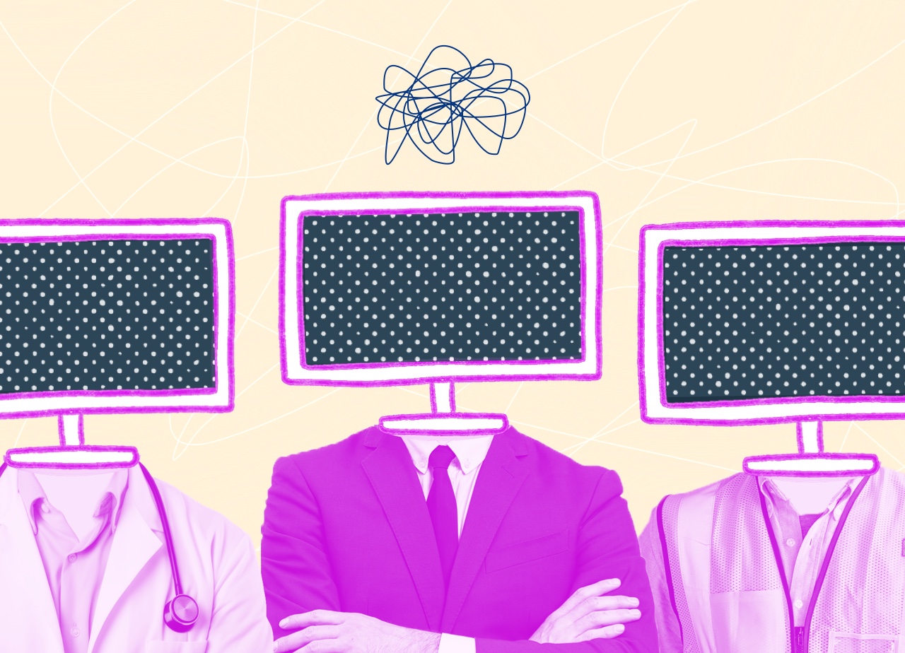 Three people's torsos wearing work clothing with computer screens instead of heads. Partial illustration tinted pink.