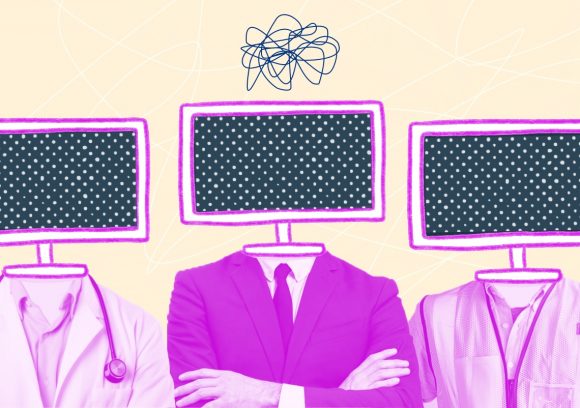 Three people's torsos wearing work clothing with computer screens instead of heads. Partial illustration tinted pink.