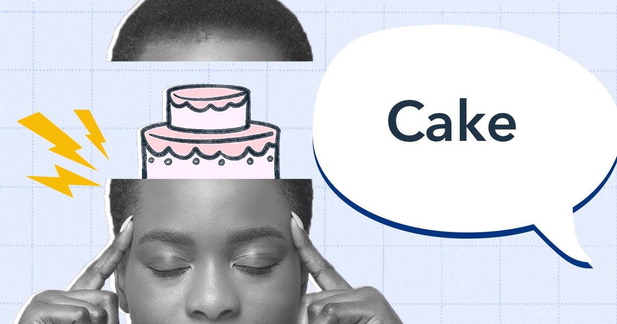 Young Black woman with closed eyes. Her head is spaced apart to show an illustrated cake inside her head.