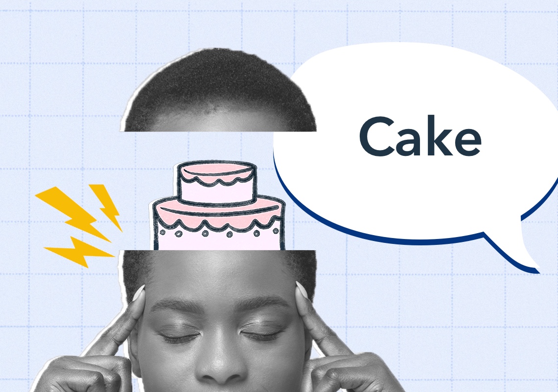 Young Black woman with closed eyes. Her head is spaced apart to show an illustrated cake inside her head.