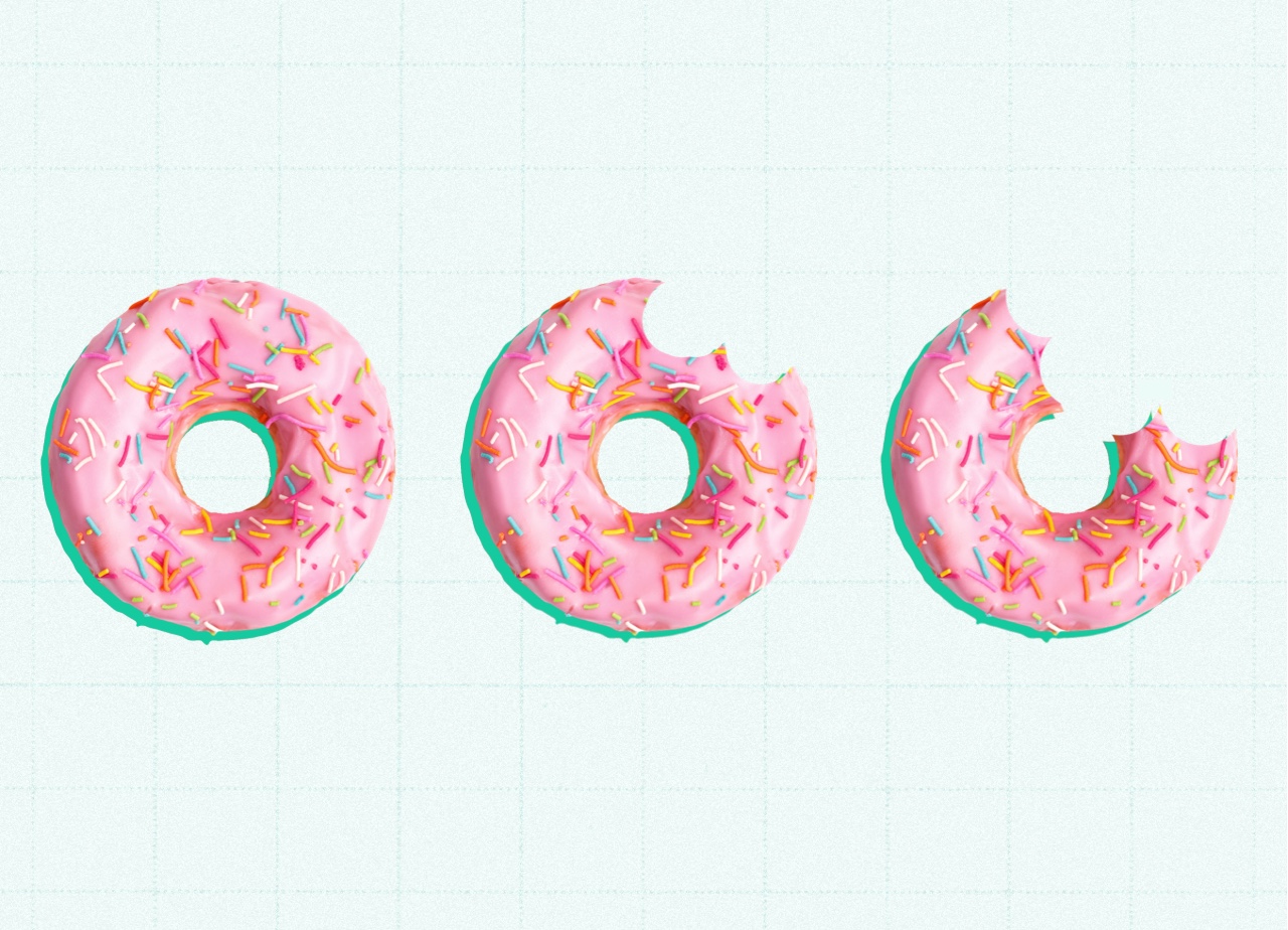 Three pink frosted donuts with sprinkles on a blue background. The first is whole, second has two bites missing, and the third has four bites missing.