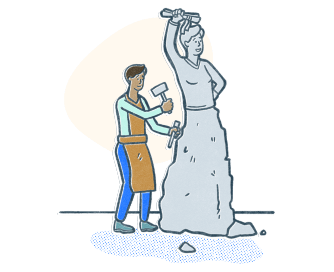 A person kneeling and chiseling a large stone into a statue of a professional holding up a certificate. Illustration.