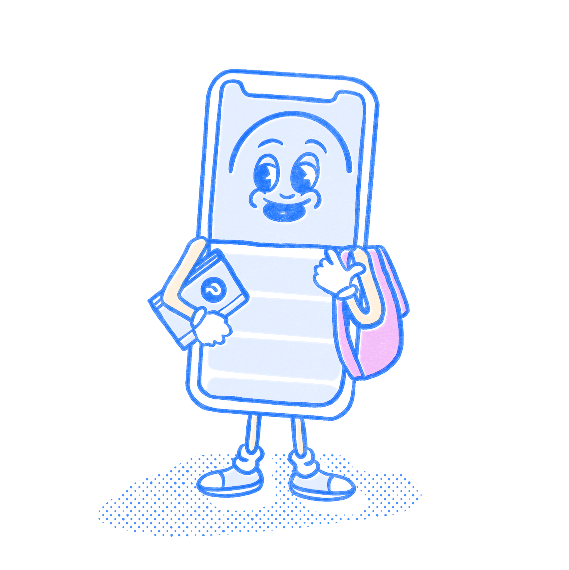 Essentials Pocket Prep mascot holding a notebook and a backpack. Illustration.