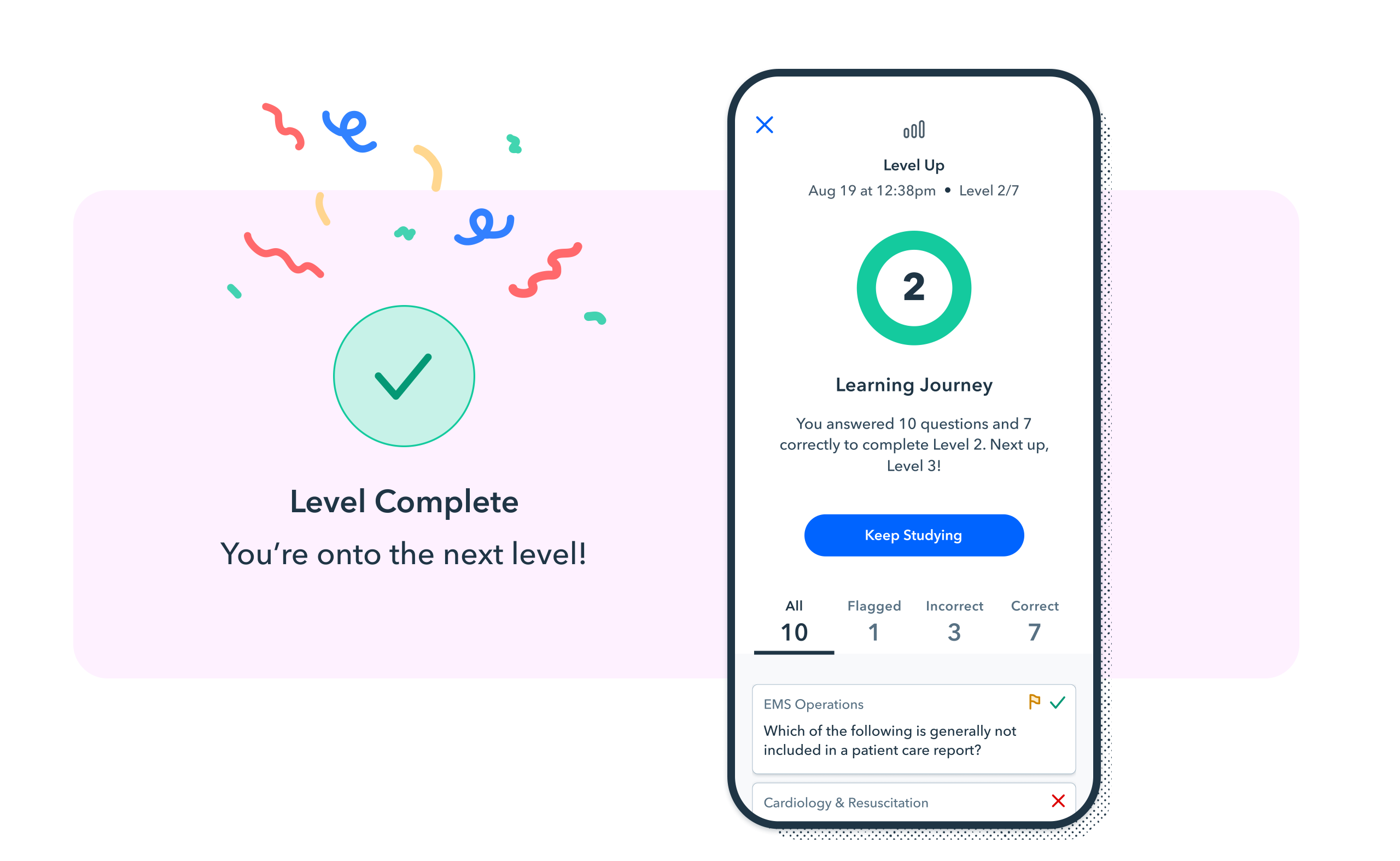 Level Up screen with level completed confetti and a quiz score of one hundred percent