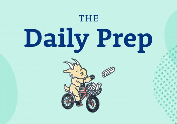 A goat on a bike throwing a newspaper from his basket full of newspapers